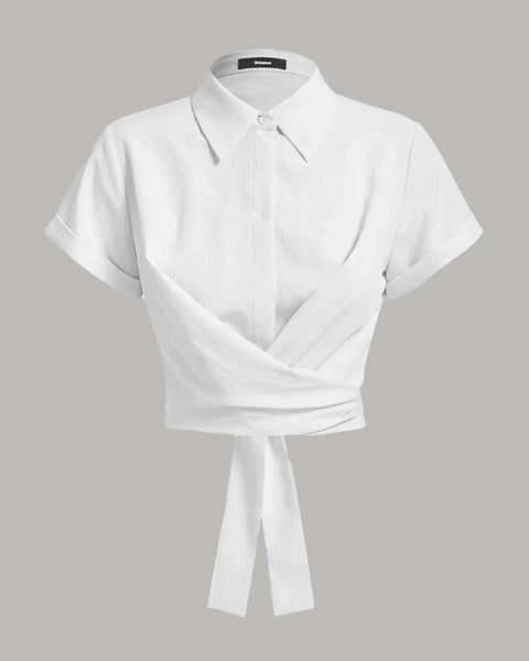 Collared Cross Hem Solid Short Sleeve Back Bow Shirt in White