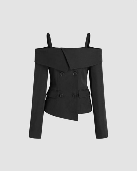 Solid Off-shoulder Button Blazer in Black