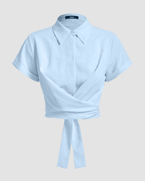 Collared Cross Hem Solid Short Sleeve Back Bow Shirt in Light Blue
