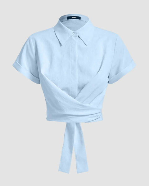 Collared Cross Hem Solid Short Sleeve Back Bow Shirt in Light Blue