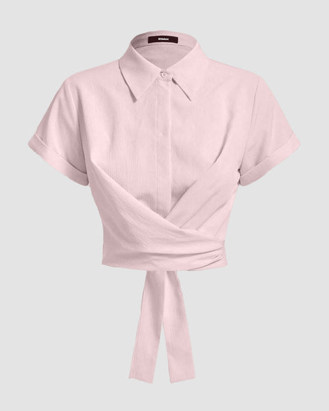 Collared Cross Hem Solid Short Sleeve Back Bow Shirt in Pink