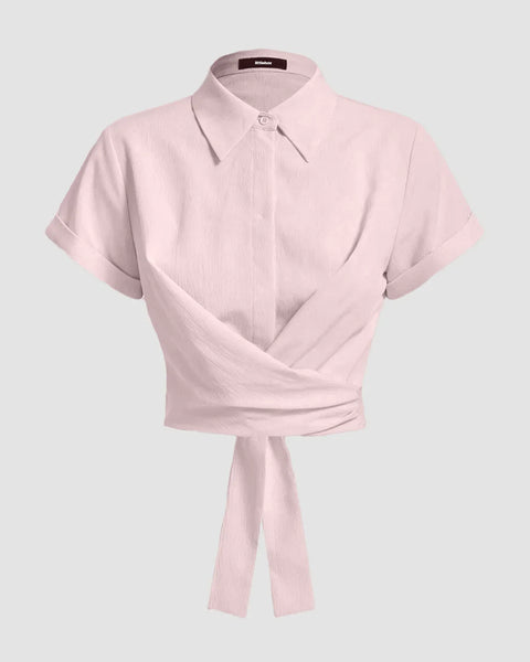Collared Cross Hem Solid Short Sleeve Back Bow Shirt in Pink