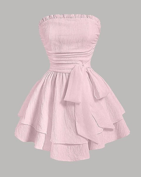 Solid Color Strapless Dress With Waist Belt in Baby Pink