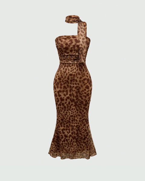 Leopard Print Mermaid Strapless Dress with Scarf