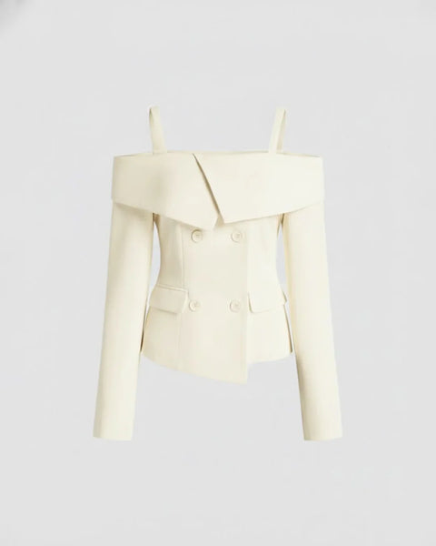 Solid Off-shoulder Button Blazer in Beige