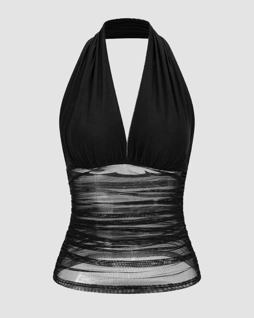 Halter Neck Slim Fit Straight Hem Sleeveless Top in Black