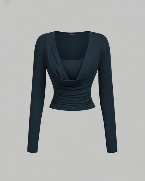 Cowl Neck Fitted Pleated Full Sleeve Top in Navy Blue