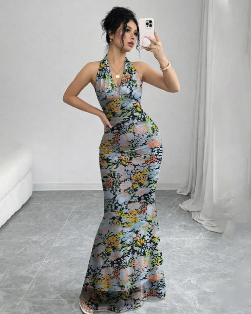 Backless Mermaid Long Dress with Mesh Floral Print Halter Neck