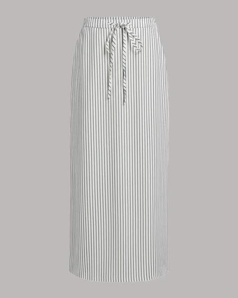 Mid Rise Striped Drawstring Pocket Maxi Skirt in White