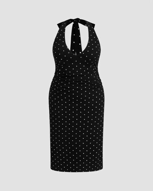 Halter Neckline Polka Dot Ruched Midi Dress Curve & Plus