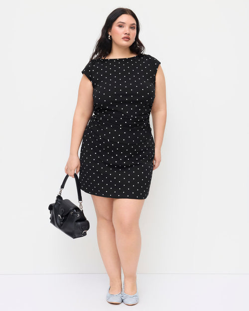 Boat Neck Polka Dot Ruched Top & Mini Skirt Set Curve & Plus