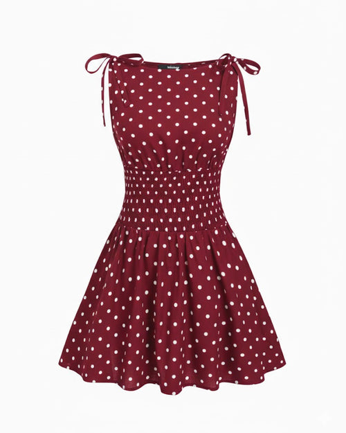 Polka Dot Bowknot Shirred Fit and Flared A-Line Mini Dress