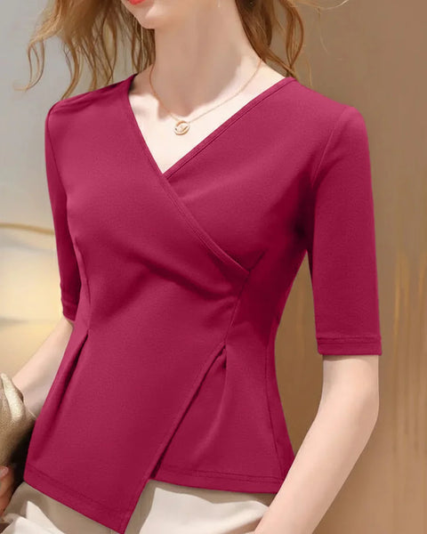 Half Sleeves Asymmetric Solid Color V-Neck Top in Red