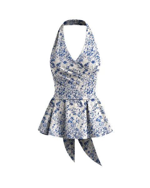 Halter Neckline Stripe Bowknot Ruffle Hem Floral Top