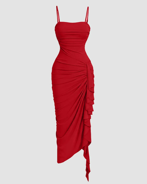 Straight Neck Slim Fit Asymmetrical Hem Pleated Sleeveless Midi Dress in Dark Red