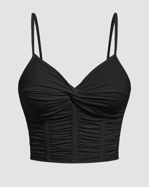 V Neck Twist Front Ruched Cami Top in Black