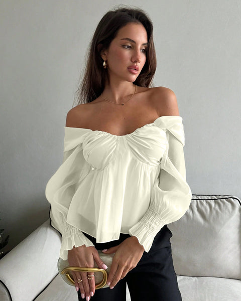 Off Shoulder Organza Sweetheart Neck Top in Beige