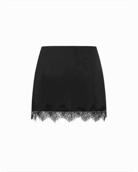 Low Rise Lace Trim A-line Lace Hem Mini Skirt in Black