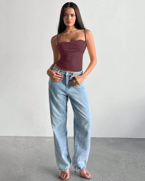 Plunge Neck Lace Trim Bow Knot Strap Top in Maroon