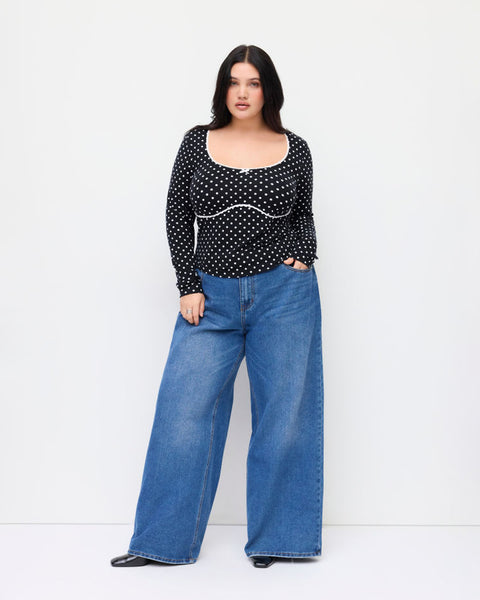 Polka Dotted Bowknot Lace Trim Full Sleeve Top Curve & Plus