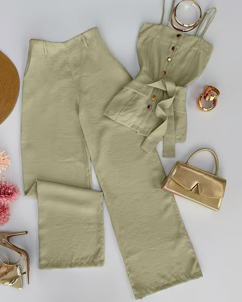Solid Color Strappy Top and Long Pants Two Piece Set in Herbal