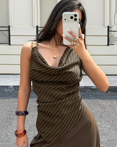 Neck Striped Asymmetrical Draped Collar and Metal Button Top in Brown
