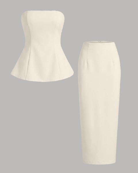 Bustier Crop Top & Midi Pencil Skirt Two Piece Set in Beige
