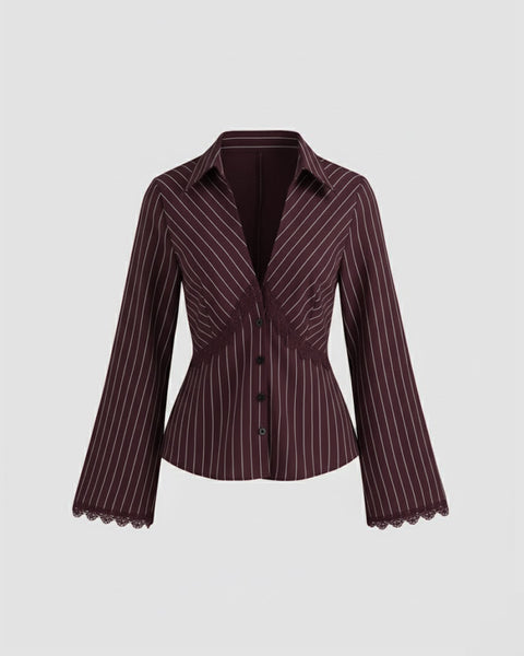 Vintage Style Striped Pinstripe Peplum Top in Wine