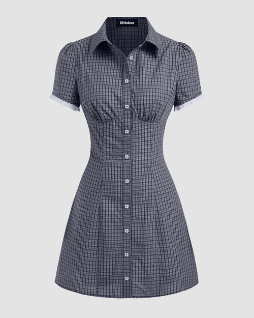 Shirred Collar Short Sleeve Checks Mini Dress