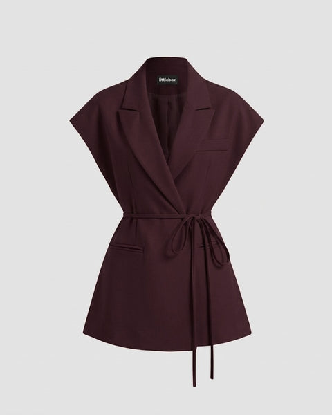 Collar Oversized Belted Sleeveless Blazer String Waistcoat in Purple