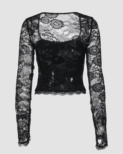 Lace Patchwork Long Sleeve Cropped Top in Black