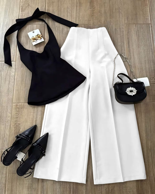 Halter Neck Top and Wide Leg Straight Pants Set in White and Black