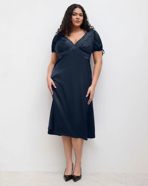 V-neck Lace Puff Sleeve Knotted Maxi Dress Curve & Plus in Navy Blue