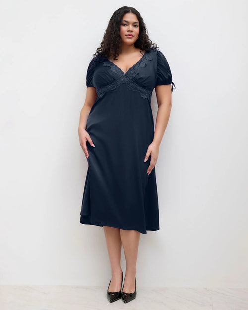 V-neck Lace Puff Sleeve Knotted Maxi Dress Curve & Plus in Navy Blue