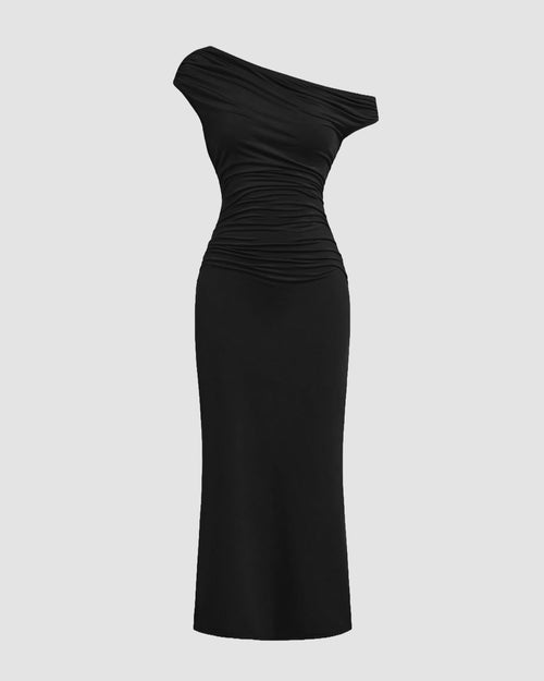 Asymmetrical Shoulder Ruched Waist Fit Dress in Black