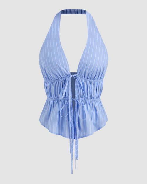 Halter Neckline Stripe Tie Front Tank Top
