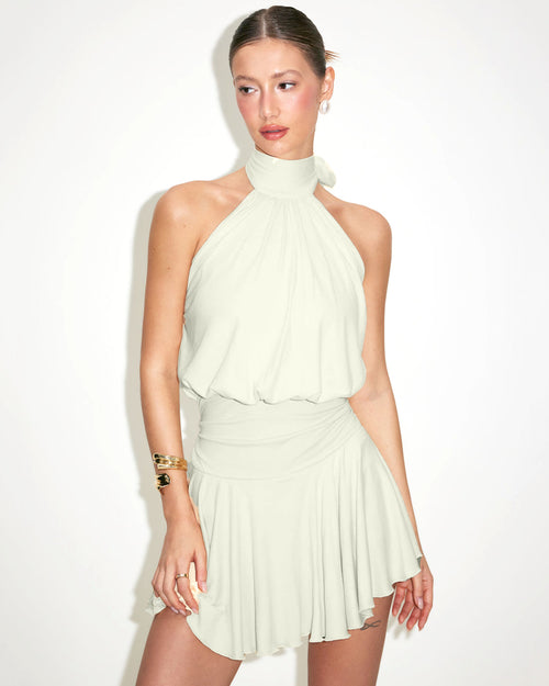 Stand Collar Sleeveless A-Line Mini Dress in Beige
