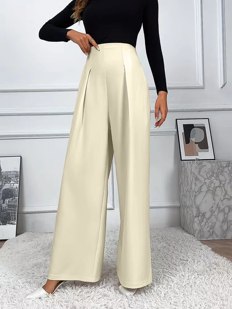 Wide Leg High Waisted Trousers with Pockets in Beige