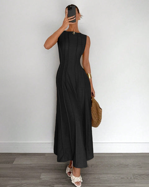 Split Pleated Waist A-Line Maxi Dress in Black