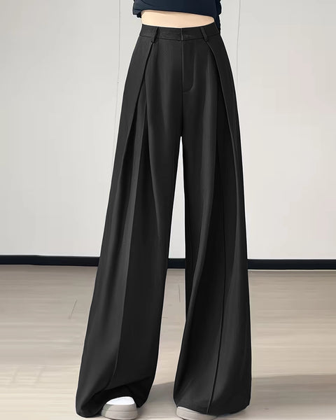High Waist Pleated Slim Fit Wide Leg Straight Pants in Black