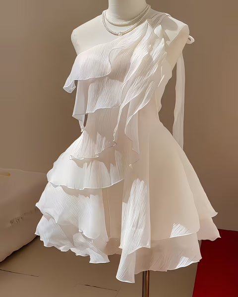 One-Shoulder Layered Asymmetrical Ruffled Dress in White