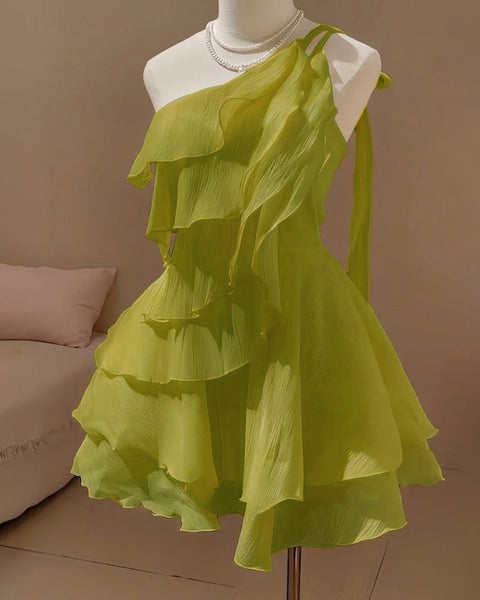 One-Shoulder Layered Asymmetrical Ruffled Dress in Pista Green