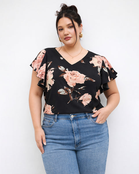 Floral Print Ruffle Sleeve V Neck Top Curve & Plus