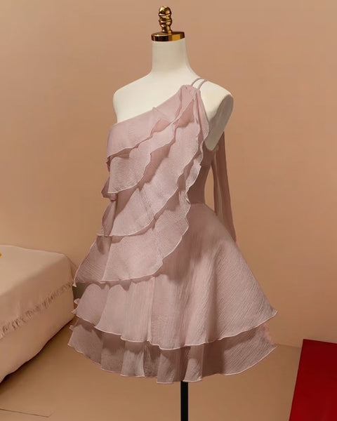 One-Shoulder Layered Asymmetrical Ruffled Dress in Lilac