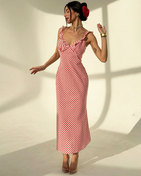 Gingham Ruffle Strap Fitted Summer Dress