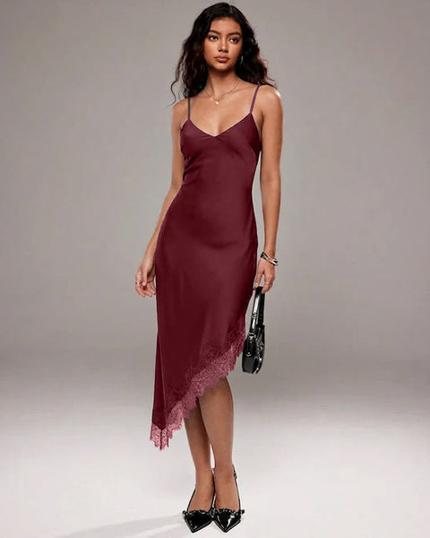 Satin Lace Trim Asymmetrical Sleeveless Midi Dress in Red