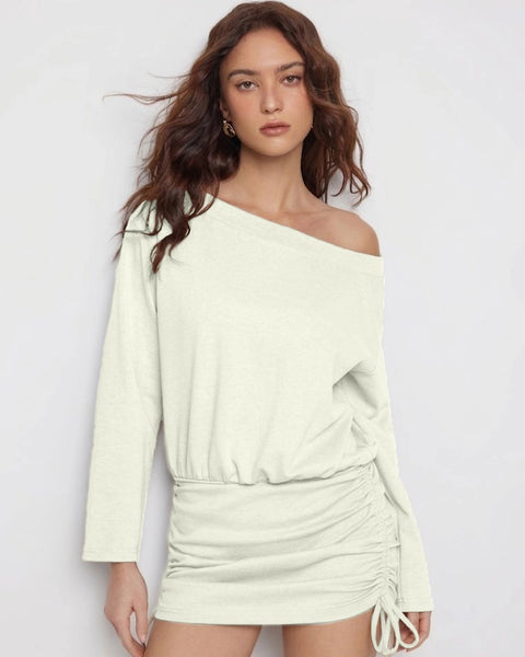 Off-shoulder Drawstring Ruched Top in Beige