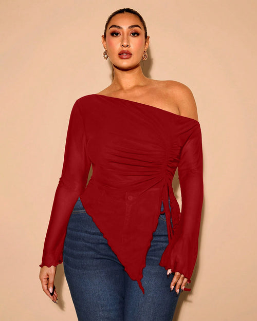 Mesh Drawstring Side Top Curve & Plus in Dark Red