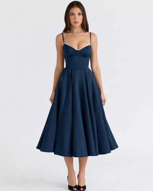 Sweetheart Neck Tulle Midi Dress in Navy Blue