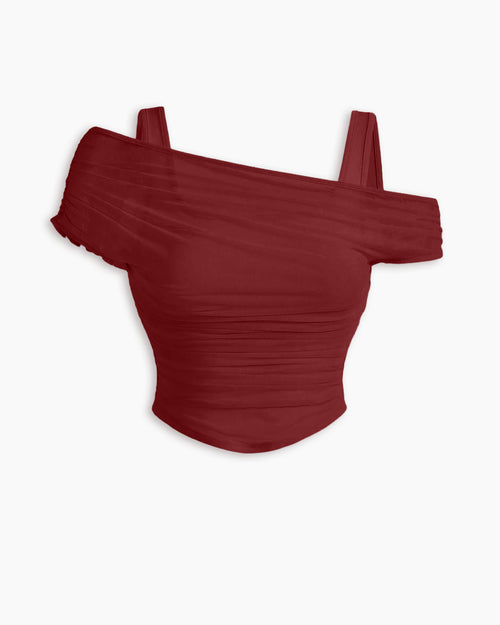 Mesh See-Through Off-Shoulder Top Curve & Plus in Dark Red